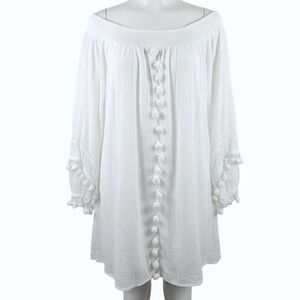 White Bali Traveler Off Shoulder Tassel Dress Blouse Smocked Waist Beach Boho